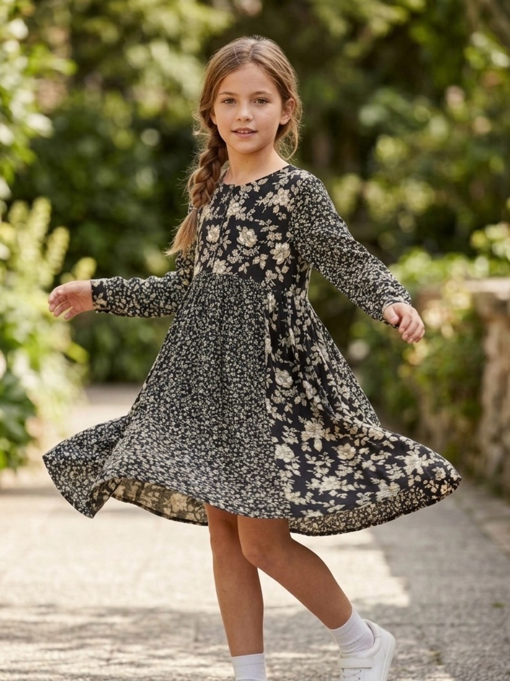 Zara Black and Cream Floral Boho Long-Sleeve Twirl Dress for Kids - size 10